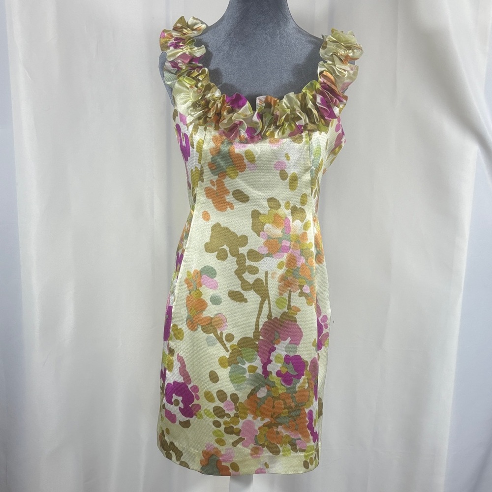 Kim Rogers Satin Floral Ruffle-Trim  Dress in Cream, Pink and Orange